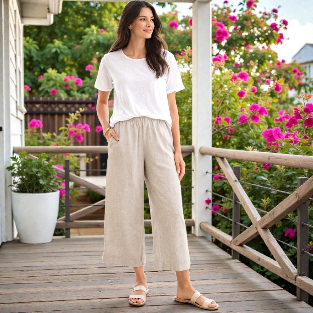 J Jill Linen Cropped Wide Leg Pants M Petite Pull On Elastic Waist Beige Pockets